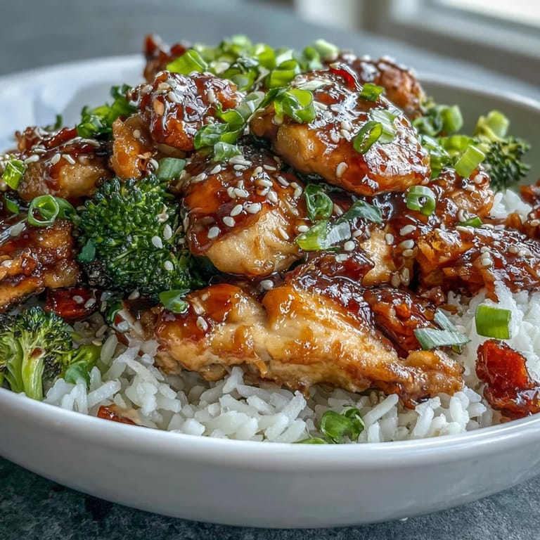 Hearty One Pan Honey Garlic Chicken Broccoli Rice served as a takeout-style weeknight dinner, garnished with sesame seeds and sliced green onions.  