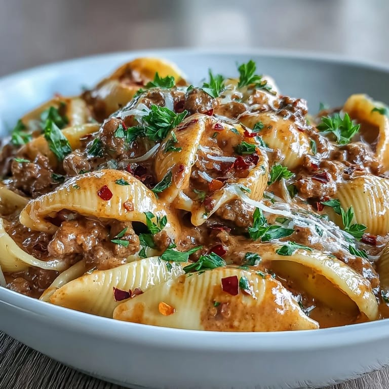 One Pot Creamy Beef and Shells features tender pasta shells coated in a hearty, cheesy tomato sauce with savory ground beef.  