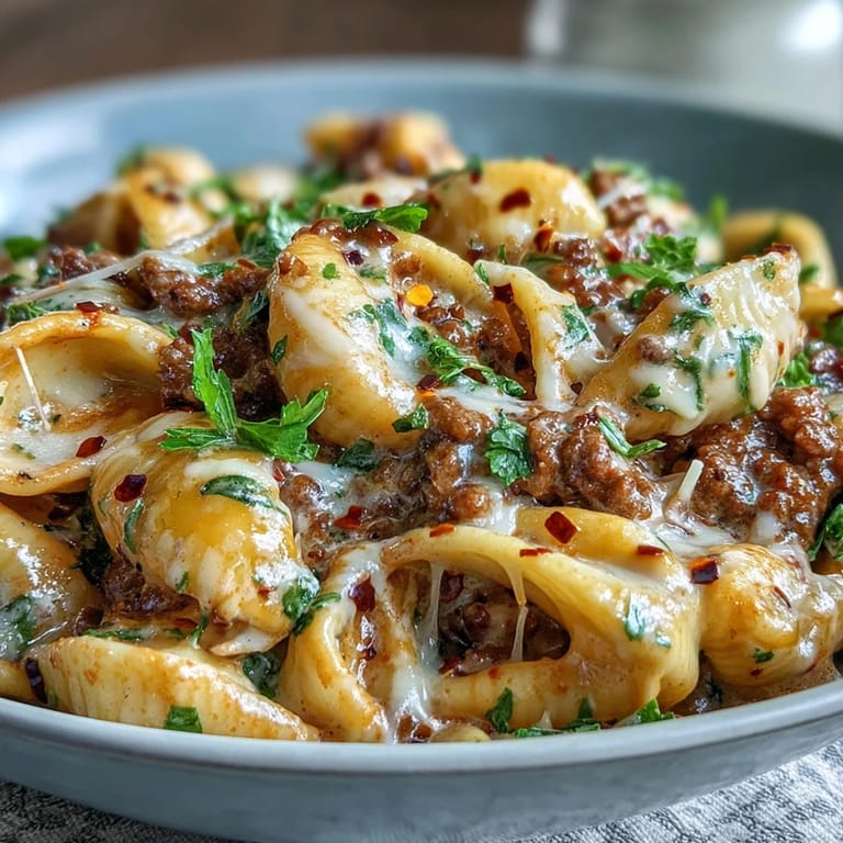 Savory One Pot Creamy Beef and Shells steams in a Dutch oven, showcasing melted cheddar and a sprinkle of red pepper flakes.