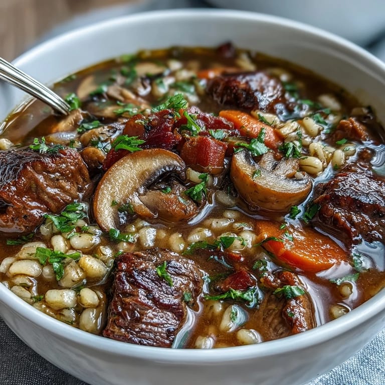 Steaming Beef and Barley Soup with Mushrooms in a rustic bowl, garnished with fresh parsley and served alongside crusty artisan bread.