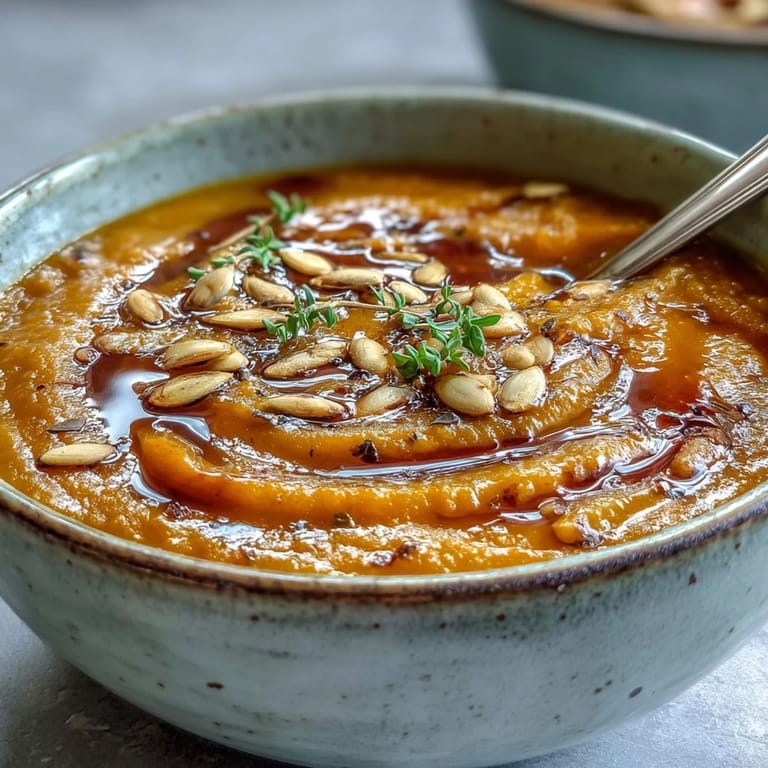 Golden roasted Butternut Squash Soup served in a rustic mug with fresh thyme and a swirl of cream on top.