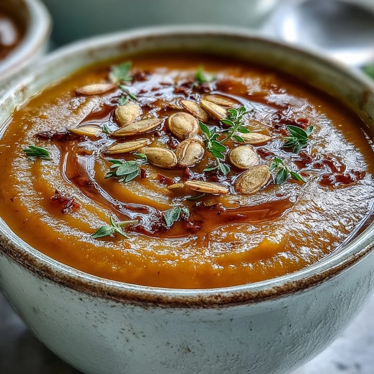 Steaming bowl of homemade Butternut Squash Soup, featuring velvety orange puree and a sprinkle of spiced pumpkin seeds.