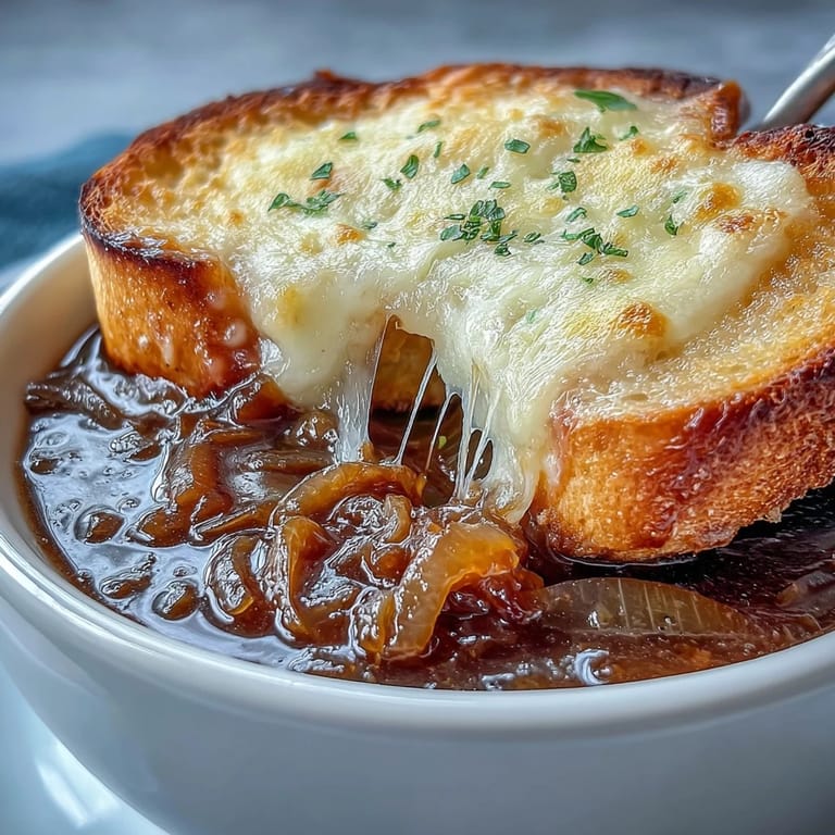 Golden toasted baguette slices are piled high, blanketed by bubbling, melted Gruyère cheese for a perfect pull.