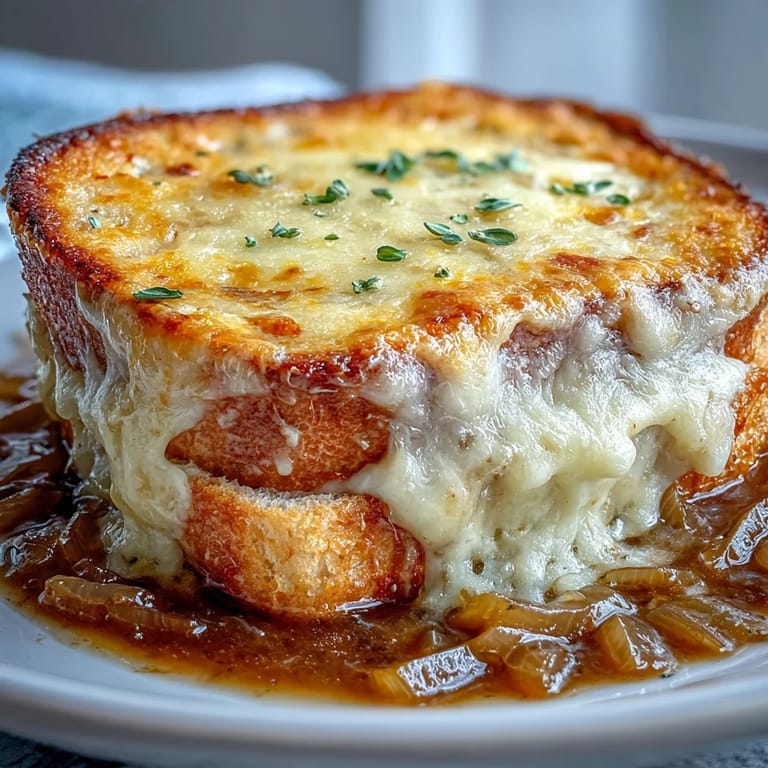 Served piping hot in an oven-safe crock, garnished with fresh thyme alongside a crisp salad for balance.