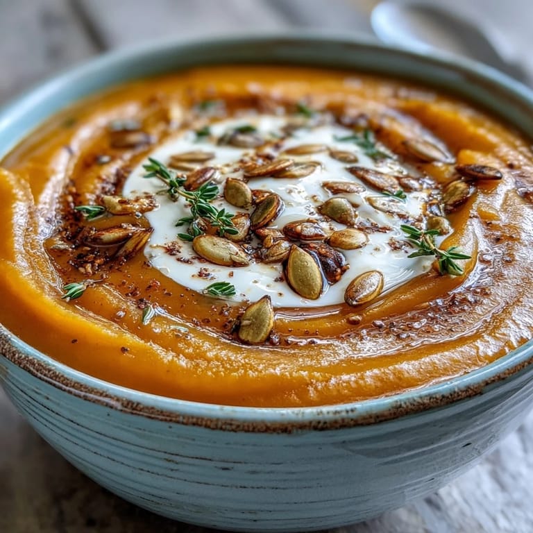 Velvety roasted butternut squash soup served with a swirl of cream, alongside crusty bread for dipping on a cozy fall day.  