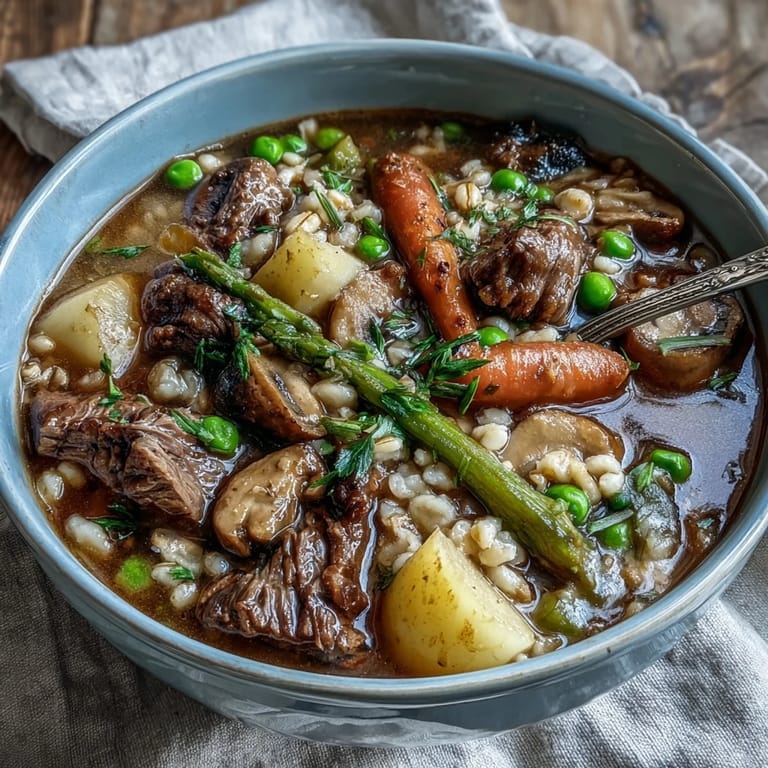 Steaming pot of Beef and Barley Soup served with crusty bread and fresh parsley garnish.