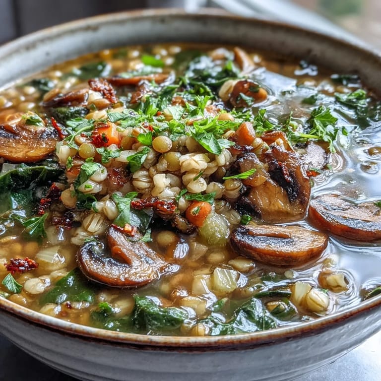 Hearty Double Lentil and Mushroom Barley Soup simmers in a rustic pot, garnished with fresh parsley and served alongside crusty bread.