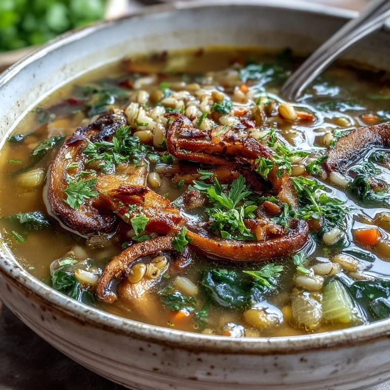 A close-up showcases the rich texture of red lentils, pearl barley, and sautéed cremini mushrooms in this savory Double Lentil and Mushroom Barley Soup.