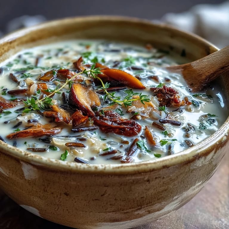 Steaming bowl of Wild Rice Mushroom Soup with earthy mushrooms and thyme.