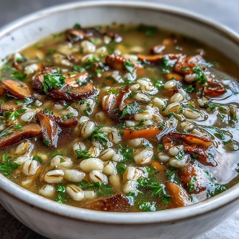 A close-up of homemade Mushroom Barley Soup with pearl barley, carrots, and fresh parsley garnish.  