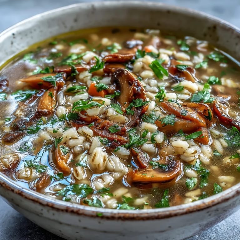 Hearty Mushroom Barley Soup ladled into rustic bowls, perfect for a comforting vegetarian dinner.