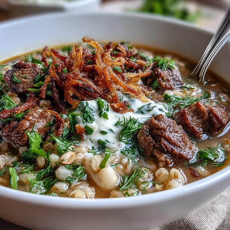 A rustic pot of hearty Beef Barley Soup with tender beef, lentils, barley, and fresh herbs.
