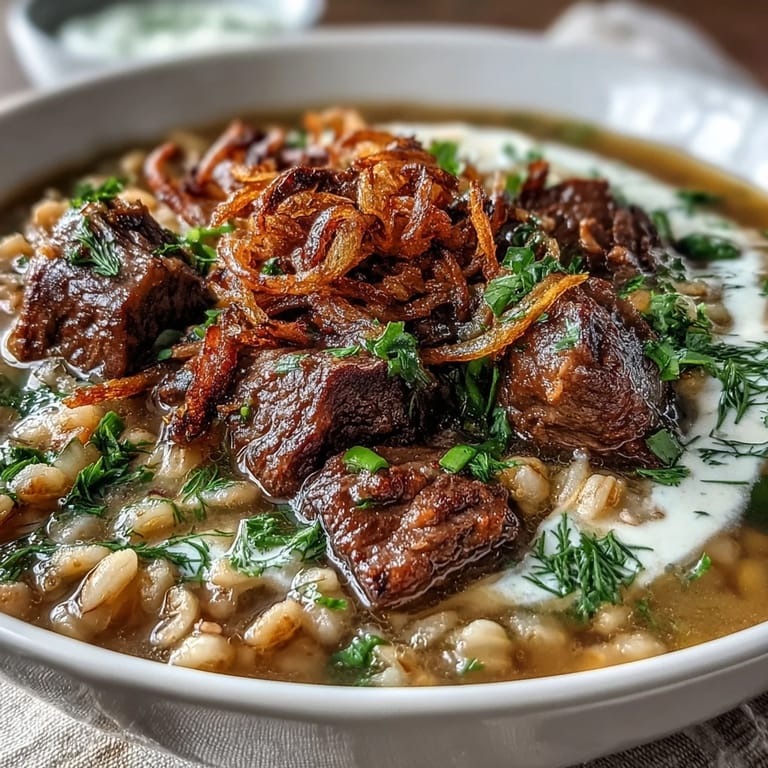 Ladle of aromatic Persian-inspired Beef Barley Soup served with crusty bread on a rustic table.