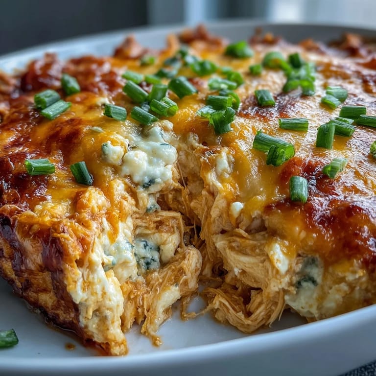 A close-up of steamy Buffalo Chicken Dip with a golden, cheesy crust and chopped green onions, paired with crisp celery sticks on the side.