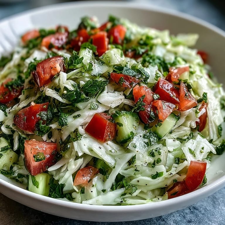Bright Lebanese Cabbage Salad served as a vibrant side dish, topped with fresh parsley and mint, ready to accompany grilled chicken or falafel for dinner.