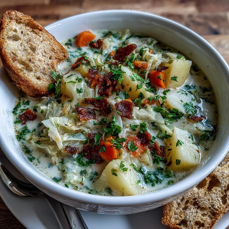 Steaming Creamy Potato Soup with Cabbage served with crusty bread on a cozy table.
