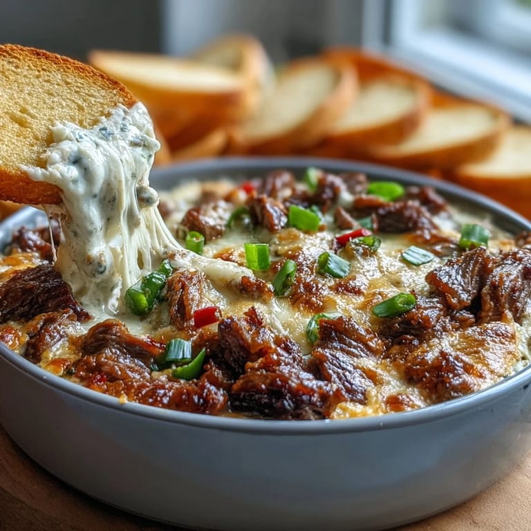Creamy Philly Cheesesteak Dip with shaved ribeye, sautéed peppers, and onions, paired with sturdy tortilla chips for dipping. 