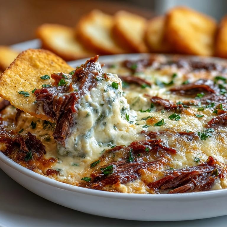 Sizzling Philly Cheesesteak Dip fresh from the oven, featuring melty provolone and a rich, savory steak and pepper filling.