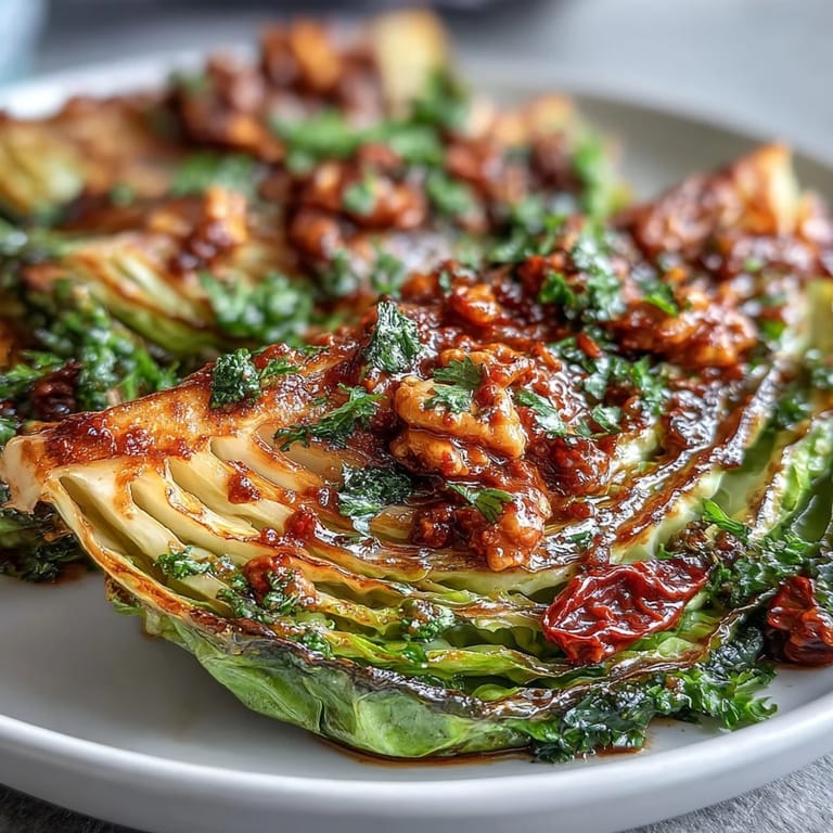 Warm baked cabbage salad with Winter Romesco featuring nutty sauce and caramelized edges.