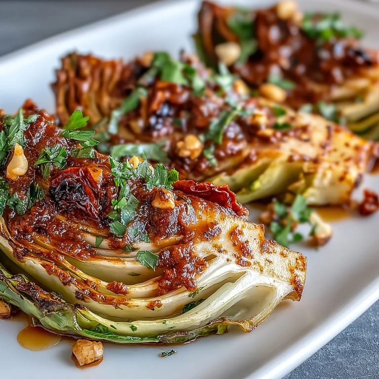 Colorful platter of baked cabbage salad with Winter Romesco, served with lemon wedges.