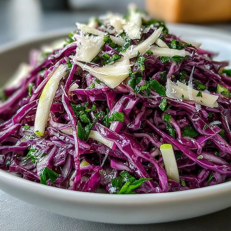 Healthy Red Cabbage Coleslaw With Apple and Parmesan, featuring a light apple cider vinegar dressing and bright parsley garnish on a rustic wooden table.