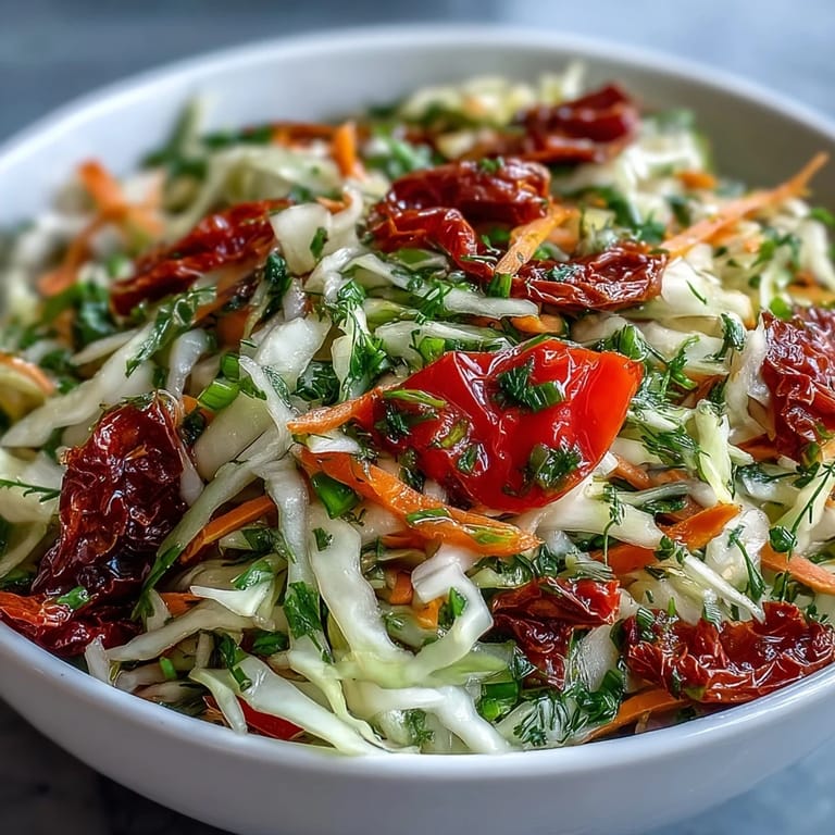 A crunchy, vibrant cabbage salad topped with sun-dried tomatoes and chopped herbs on a white plate.