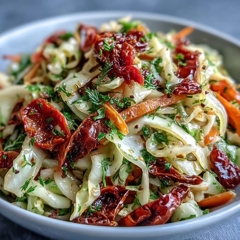 Colorful cabbage salad with sun-dried tomatoes, fresh dill, and a honey-Dijon dressing ready to serve.