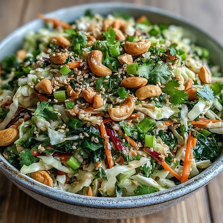 Crunchy, colorful Asian Cabbage Salad tossed with cilantro and green onions, showcasing a zesty lime-soy dressing in a white bowl.