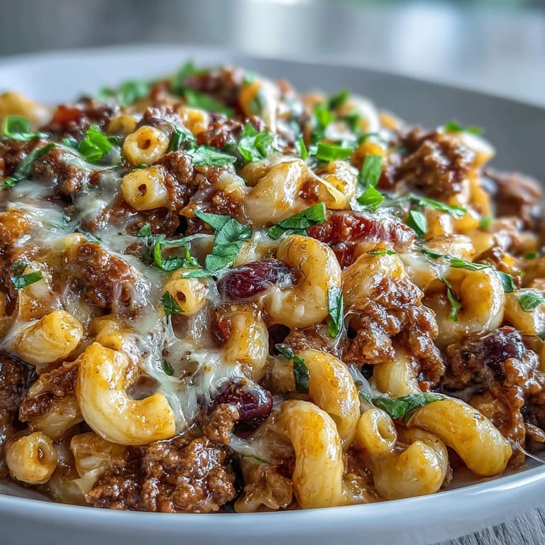 A hearty bowl of One-Pan High Protein Chili Mac with gooey melted cheese, smoky spices, and beans for a family-friendly weeknight dinner.