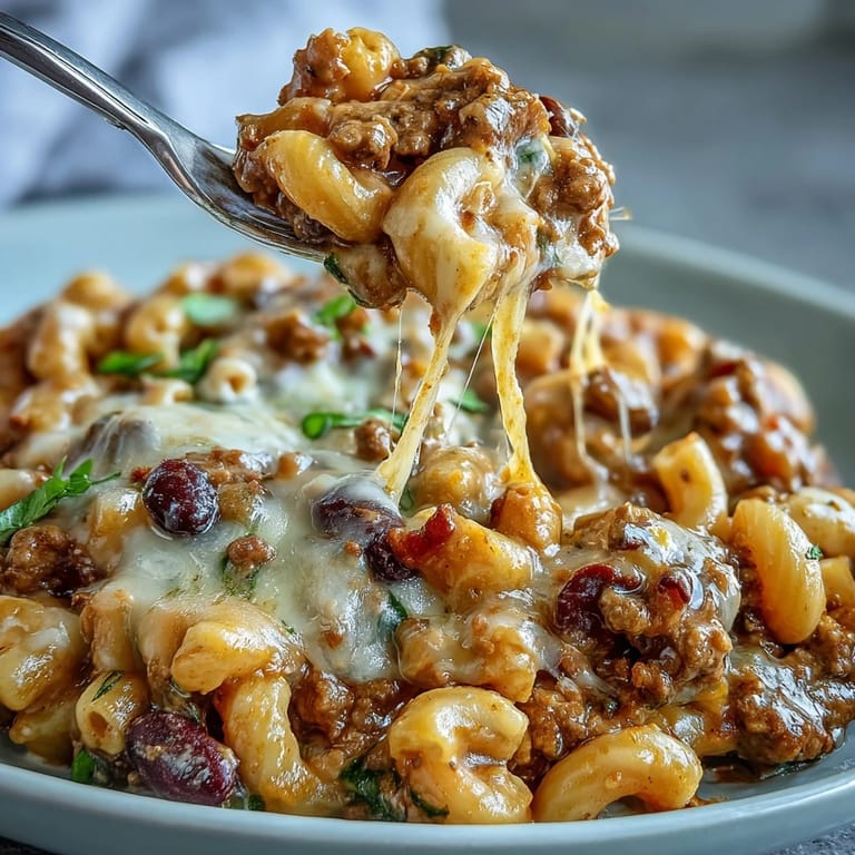 Steam rising from a skillet of One-Pan High Protein Chili Mac topped with crushed tortilla chips, cilantro, and extra shredded cheddar.