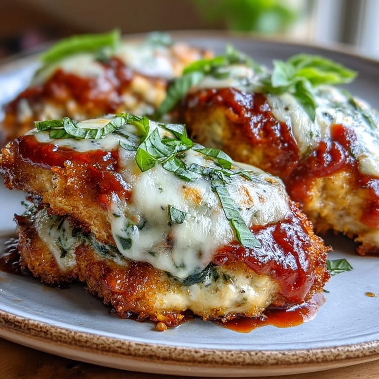 Juicy breaded Pesto Chicken Parmesan drizzled with basil pesto and melted Parmesan cheese topping.