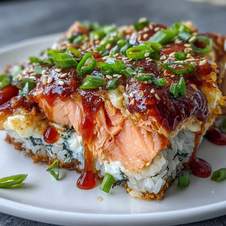 A warm serving of Spicy Salmon Sushi Bake scooped onto a crispy roasted seaweed snack sheet.