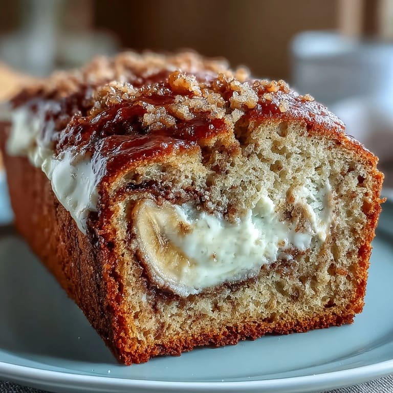 Perfectly swirled Cream Cheese Cinnamon Swirl Banana Bread loaf with a crackly sugar crust, sliced to show rich cream cheese filling.
