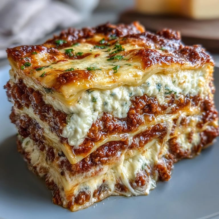 Fresh basil garnish highlights this World's Best Lasagna, served hot with a slice lifted to reveal rich filling.