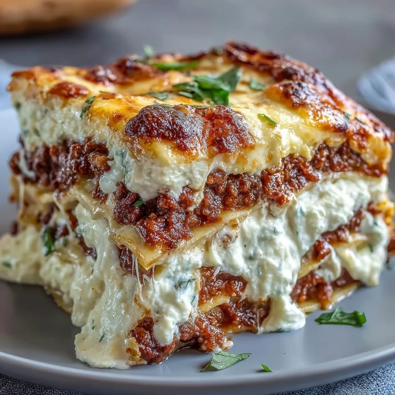Comforting World's Best Lasagna rests in a baking dish, featuring golden cheese crust and deep red meat sauce.
