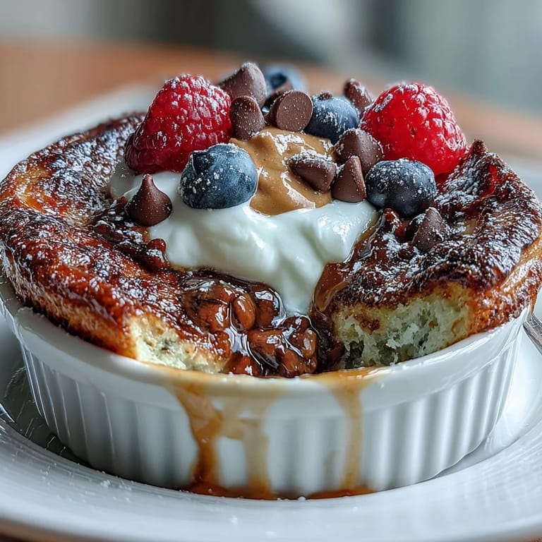 Fluffy, high-protein Baked Protein Pancake Bowl with a spoon taking a bite, revealing a soft, moist interior and golden edges.