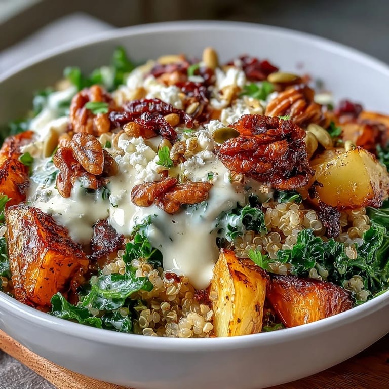 A close-up of the Hearty Winter Grain Bowl topped with pumpkin seeds and fresh parsley.  