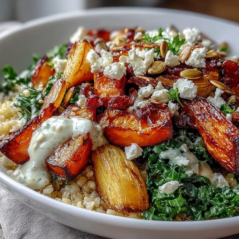 A warm, nourishing Hearty Winter Grain Bowl with colorful vegetables and a drizzle of dressing.