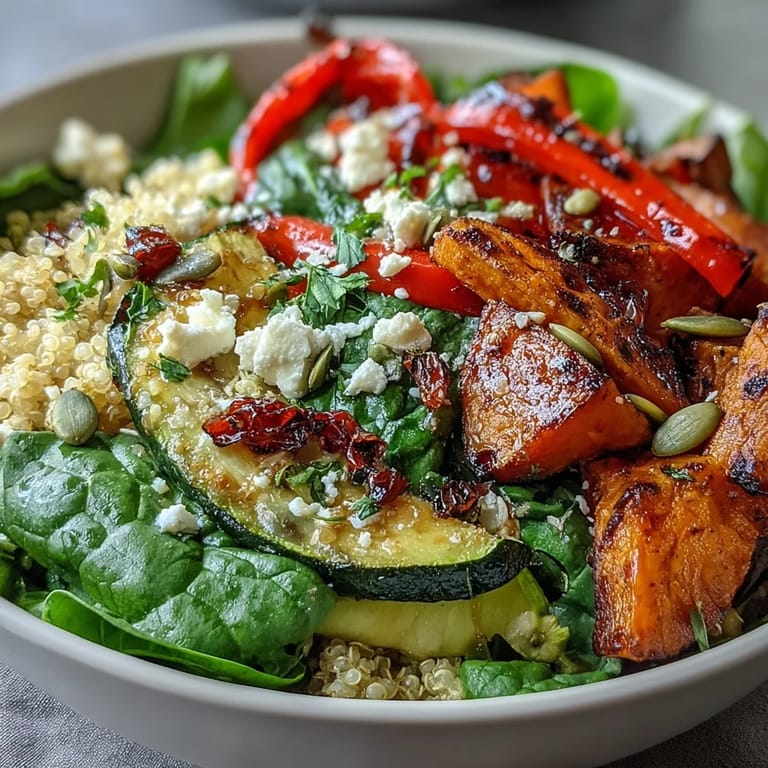 Hearty warm salad bowl featuring roasted vegetables, fluffy quinoa, and a golden warm vinaigrette drizzled over fresh greens. 