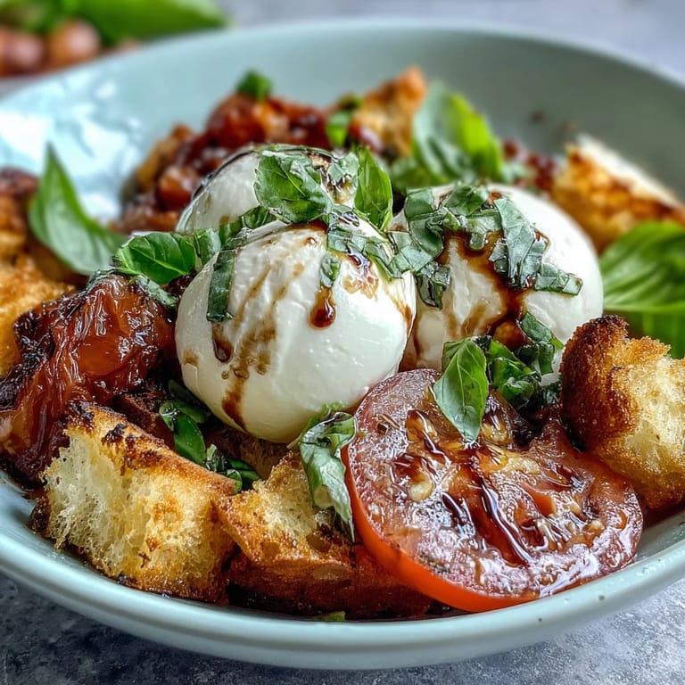 Rustic toasted bread cubes add crunch to this classic Caprese salad with creamy mozzarella and juicy tomatoes.
