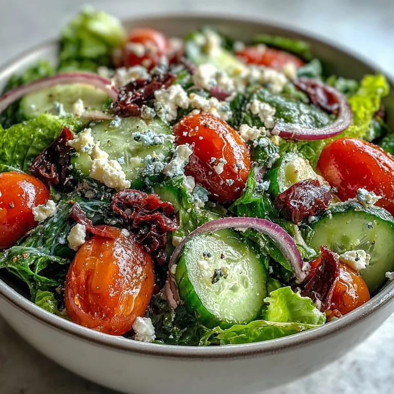 Healthy Mediterranean green salad with mixed baby greens, cherry tomatoes, cucumber, Kalamata olives, and feta, served with classic Greek dressing.