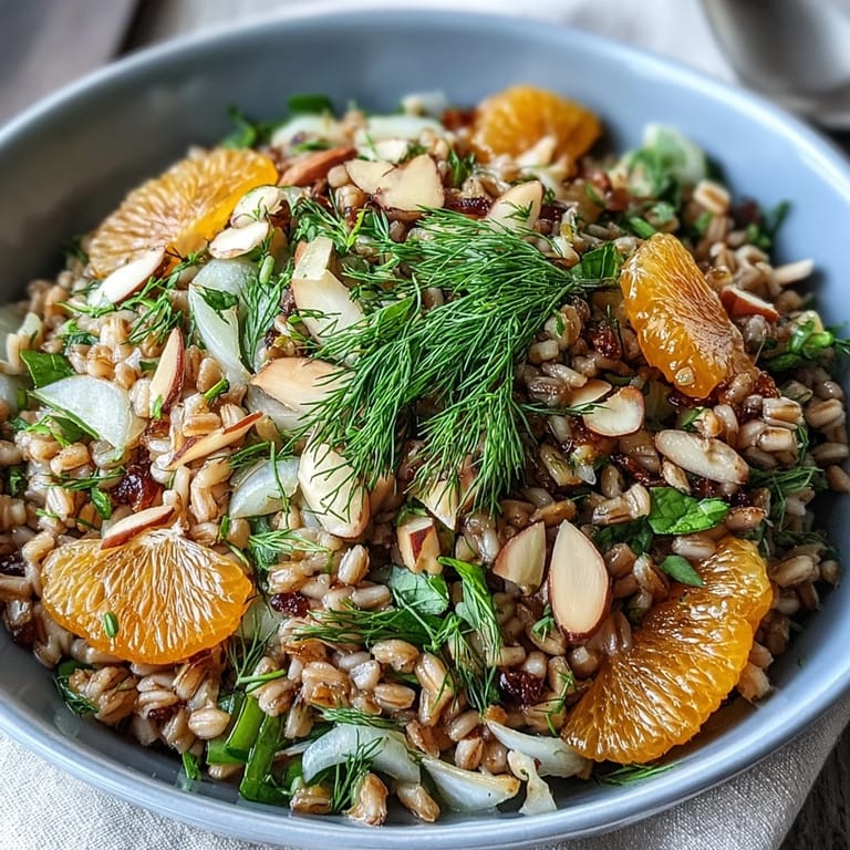 Nutty farro, crisp fennel, juicy orange segments, and crunchy almonds create a vibrant, refreshing salad bowl.