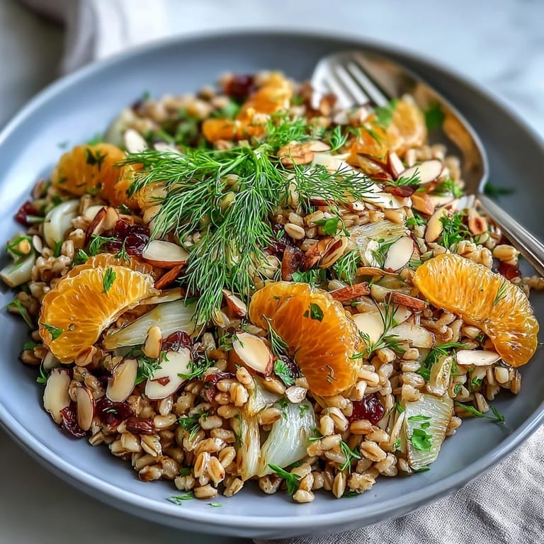 Hearty farro salad with bright citrus, thinly sliced fennel, and toasted almonds for a satisfying vegetarian meal.