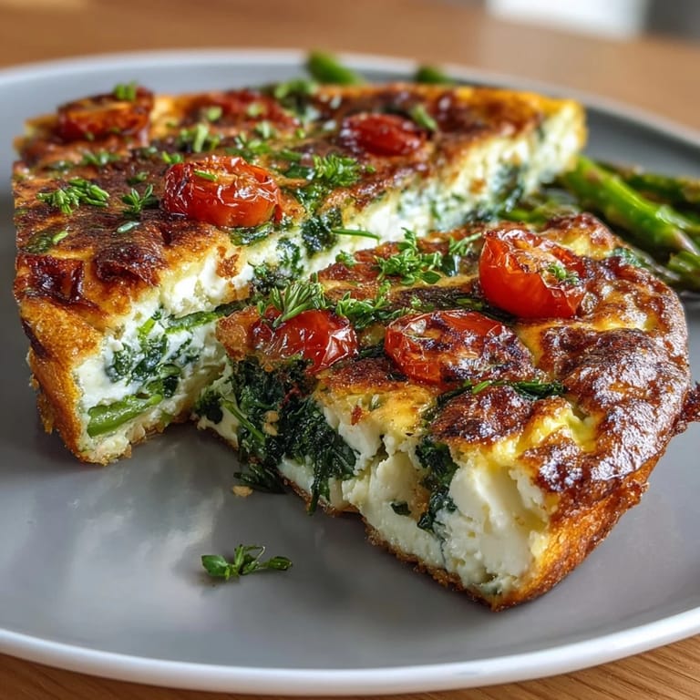 Fluffy Spring Veggie Frittata with Asparagus and Goat Cheese: a colorful, protein-rich brunch bake packed with seasonal vegetables, herbs, and tangy cheese.