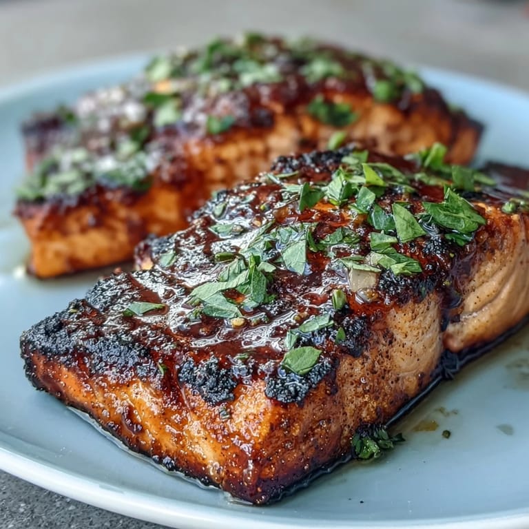 Smoky grilled salmon with sweet strawberry salsa, garnished with fresh cilantro and lemon wedges.