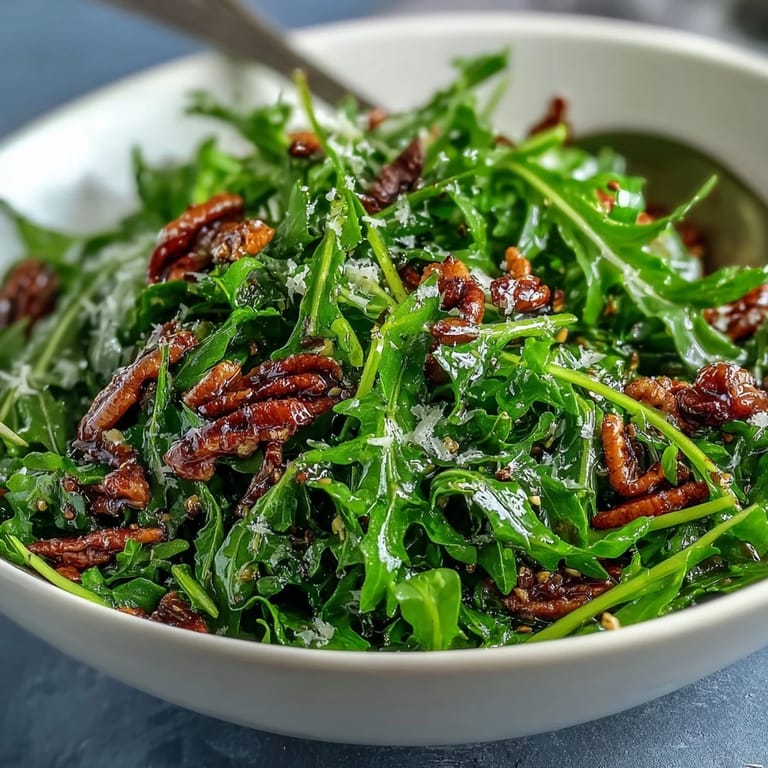 Zesty lemon vinaigrette coats peppery arugula leaves, topped with delicate Parmesan shavings for a refreshing, Italian-inspired salad.
