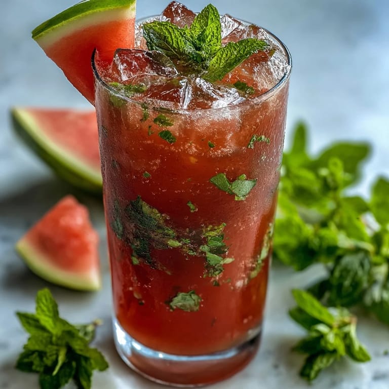 Vibrant alcohol-free watermelon mint spritz mocktail featuring chilled watermelon cubes, fresh mint, and citrus notes, perfect for summer gatherings or hot days.