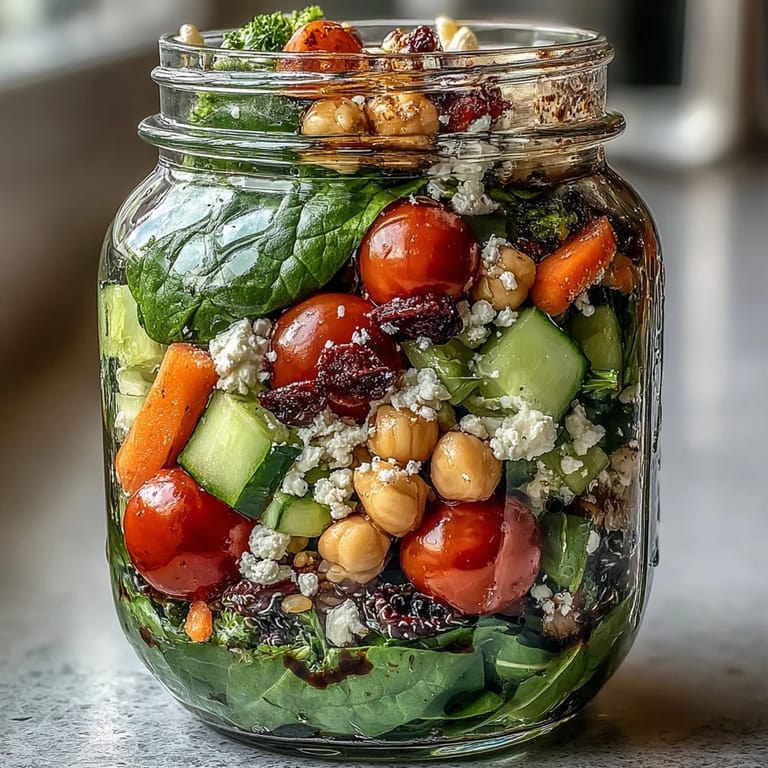 Bright, crisp mason jar salads packed with spinach, tomatoes, and protein—perfect for grab-and-go lunches all week.