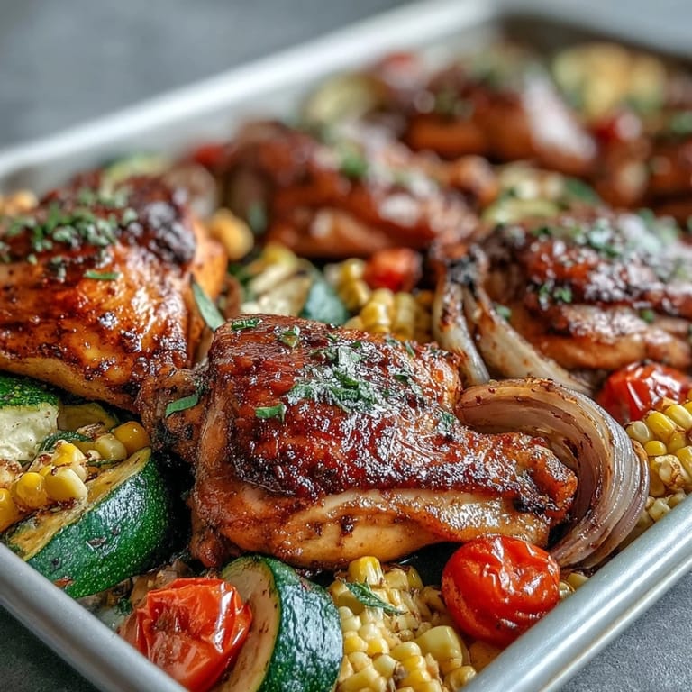 Juicy sheet pan chicken with vibrant zucchini and sweet corn, drizzled with olive oil and lemon, perfect for a quick summer meal.