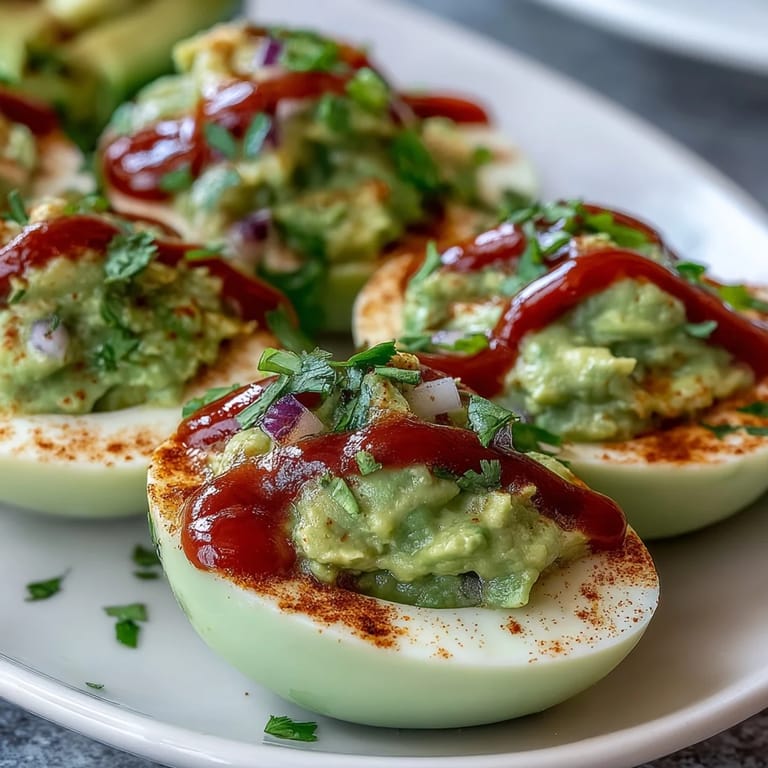 Spicy Sriracha-drizzled avocado deviled eggs, blending creamy texture with bold flavor for a crowd-pleasing appetizer.